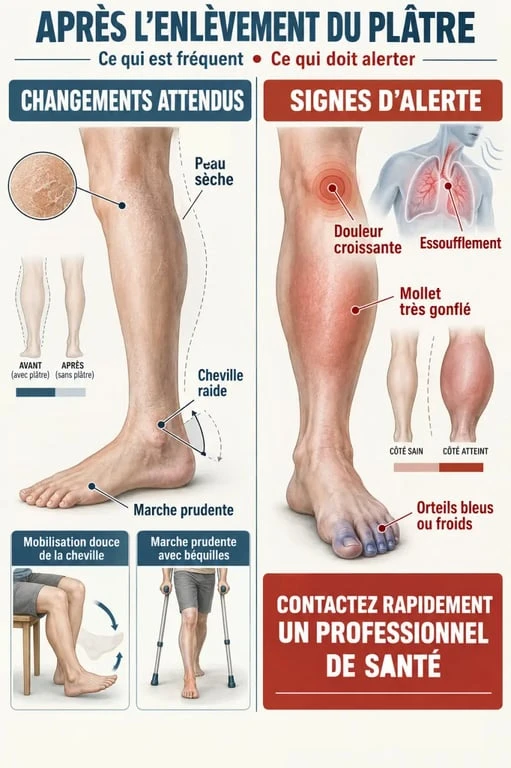 Après enlèvement du plâtre à la jambe : changements normaux et signes d’alerte