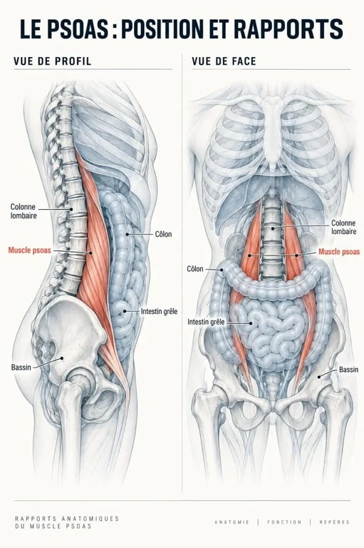 Schéma anatomique du psoas et de sa proximité avec l'intestin, illustrant le lien entre psoas et intestin