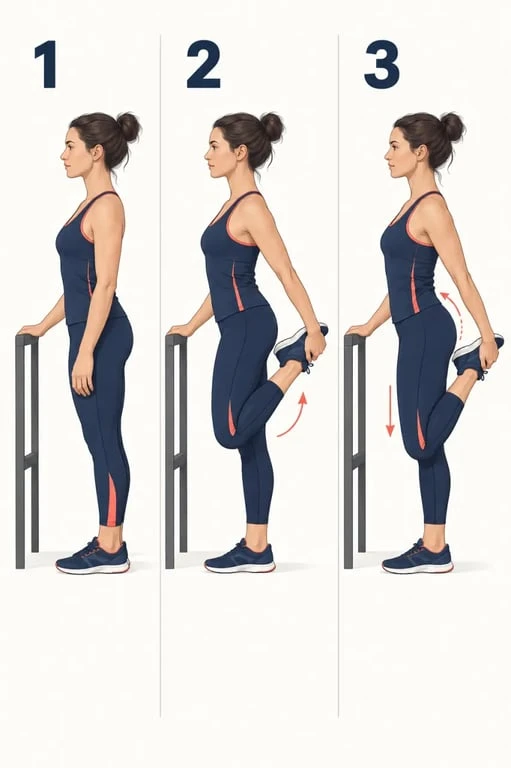 Étirement des quadriceps debout en trois étapes avec bassin stable et genou aligné