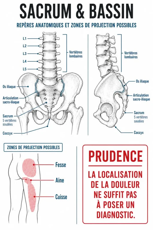 Schéma anatomique du sacrum bloqué et des articulations sacro-iliaques
