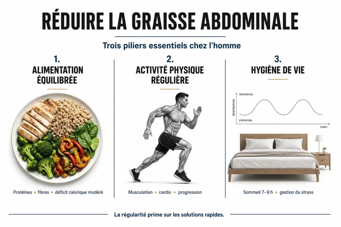 Infographie sur les méthodes pour perdre du ventre chez l'homme : alimentation, sport et hygiène de vie