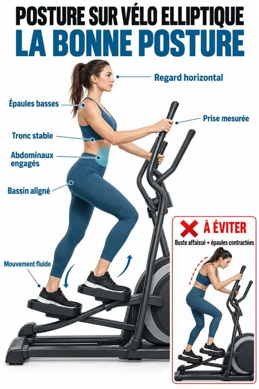 Schéma de posture correcte sur un vélo elliptique pour perdre poids
