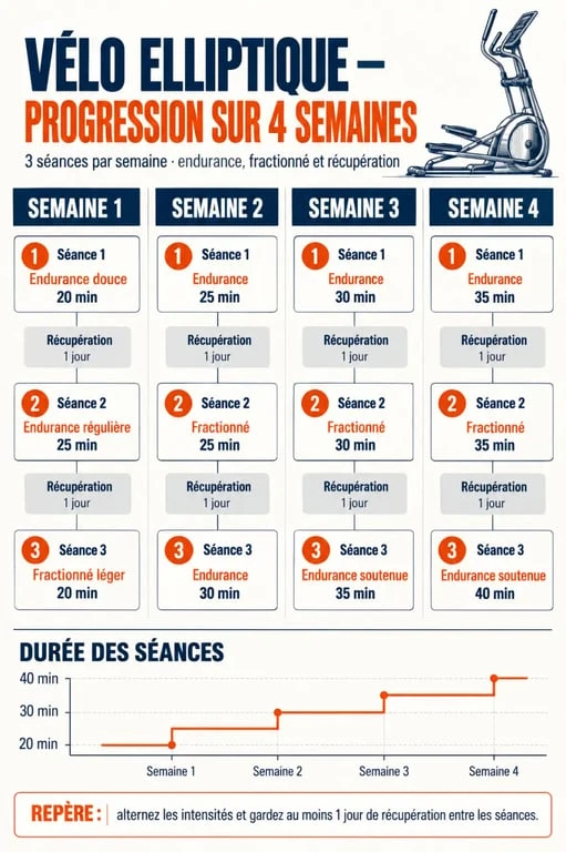 Infographie du programme progressif pour perdre poids avec le vélo elliptique