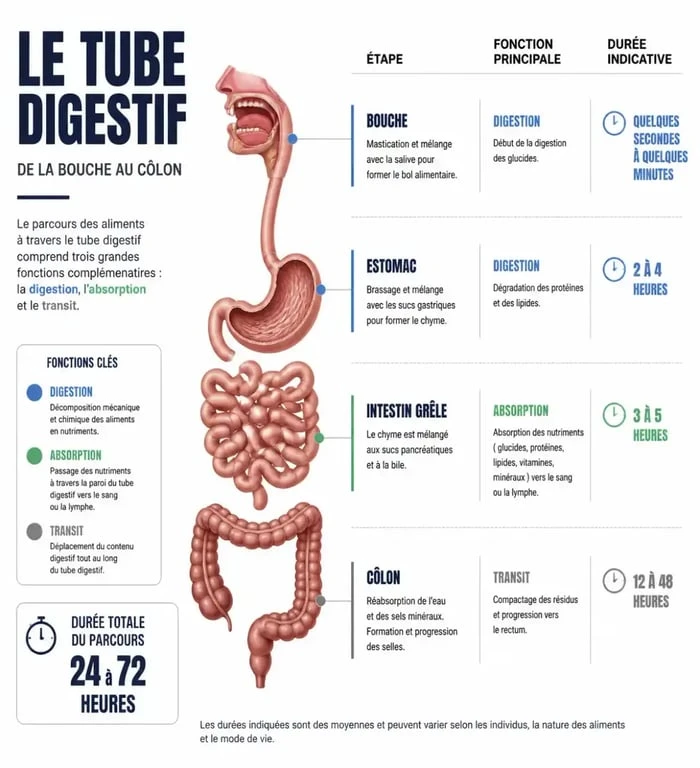 Infographie sur le temps pour la digestion et les durées de chaque étape du tube digestif