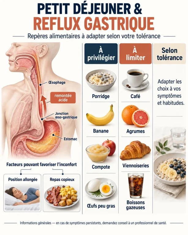Infographie sur le petit déjeuner anti-reflux gastrique avec aliments à privilégier et facteurs de remontée acide
