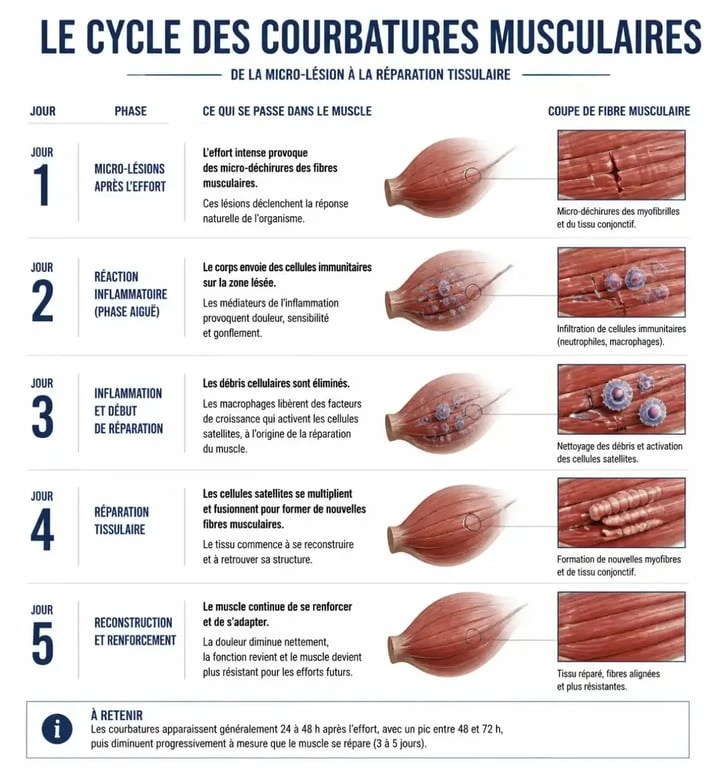 Infographie explicative sur le mécanisme des courbatures en musculation et la réparation musculaire
