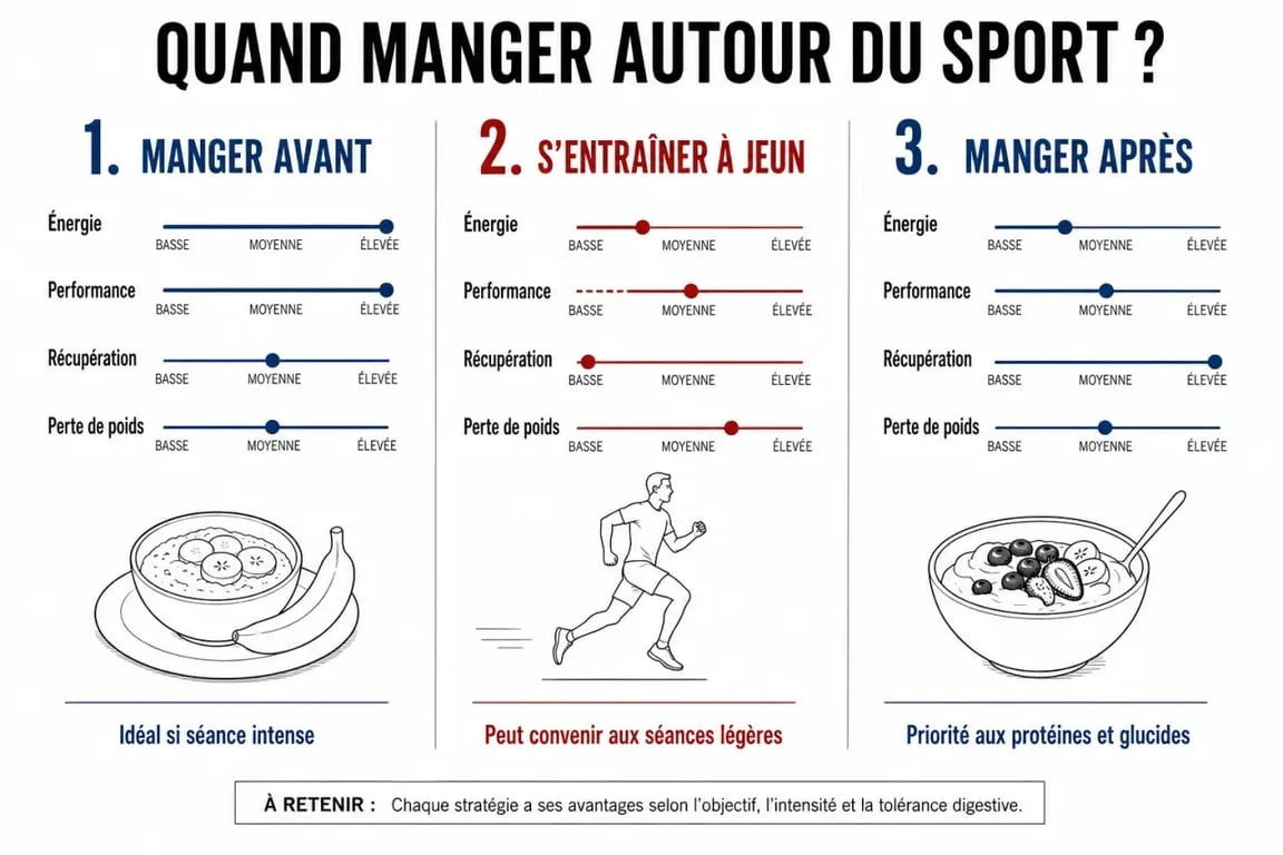 Perte de poids manger avant ou apres le sport : comparaison visuelle entre manger avant, s’entraîner à jeun et manger après l’effort