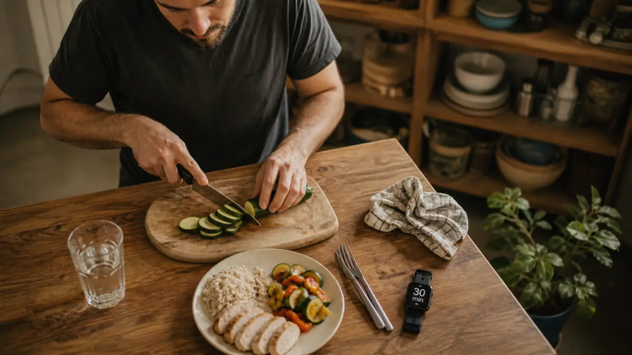 Ventre homme perdre : homme coupe légumes, plan repas équilibré