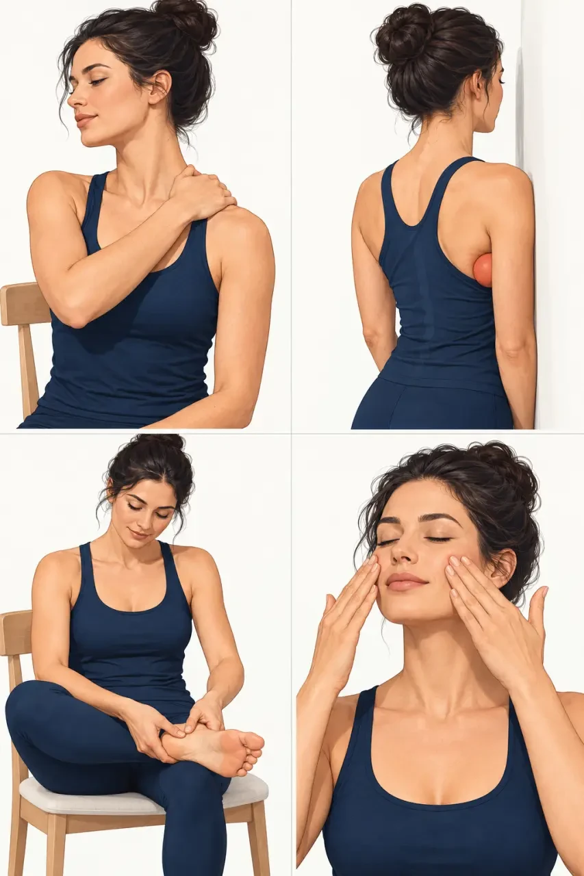 Auto massage doux de la nuque, du dos, du visage et des pieds