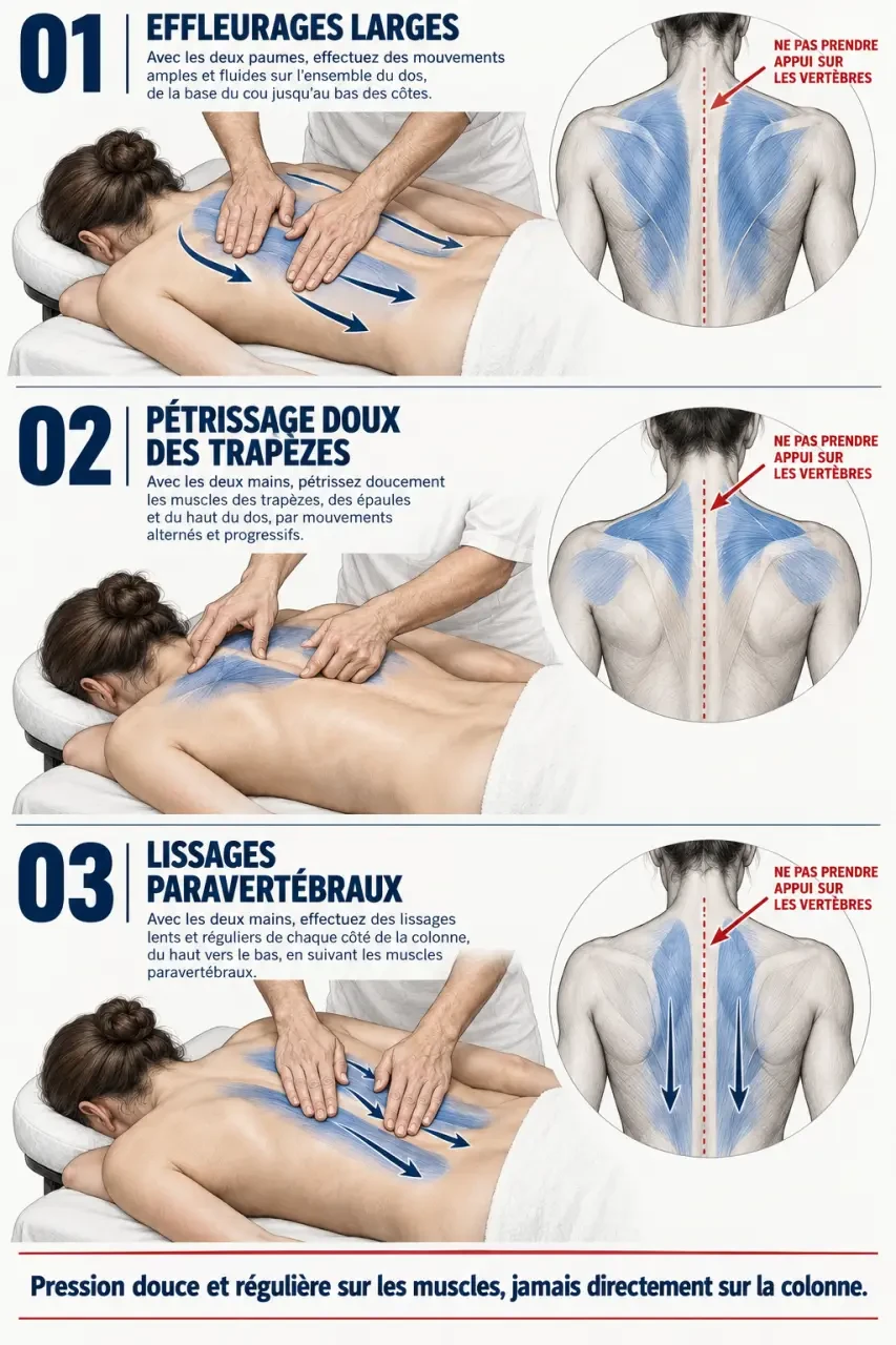 Illustration des gestes et zones à respecter pour un massage dos relaxant