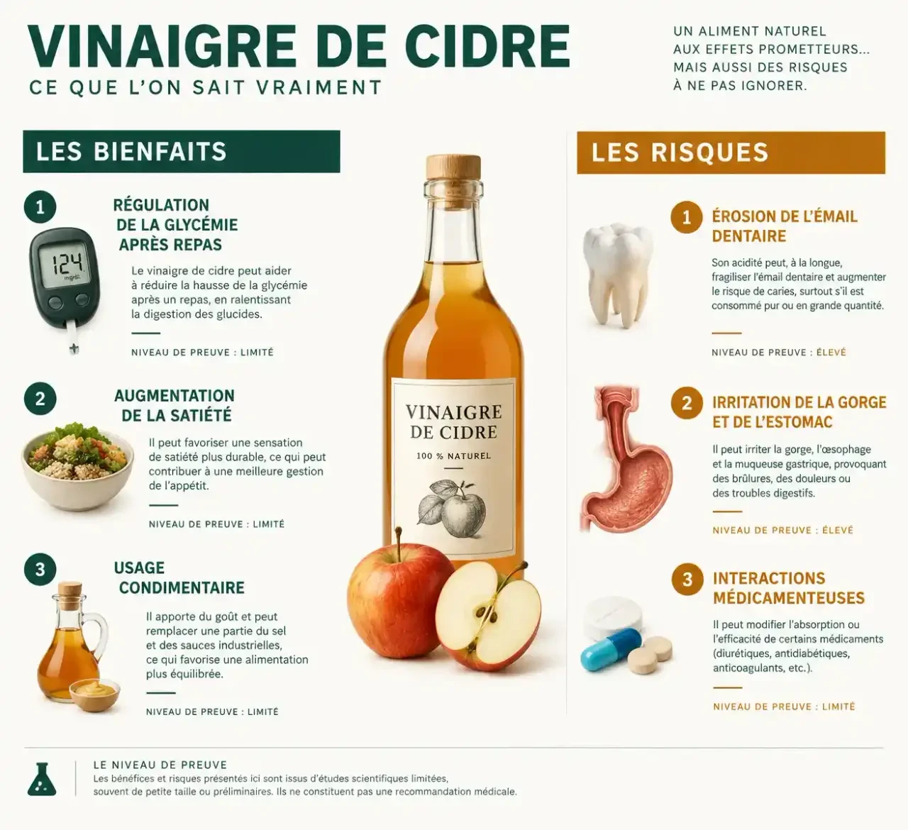 Vinaigre de cidre bienfaits et inconvénients : synthèse visuelle des effets plausibles et des risques