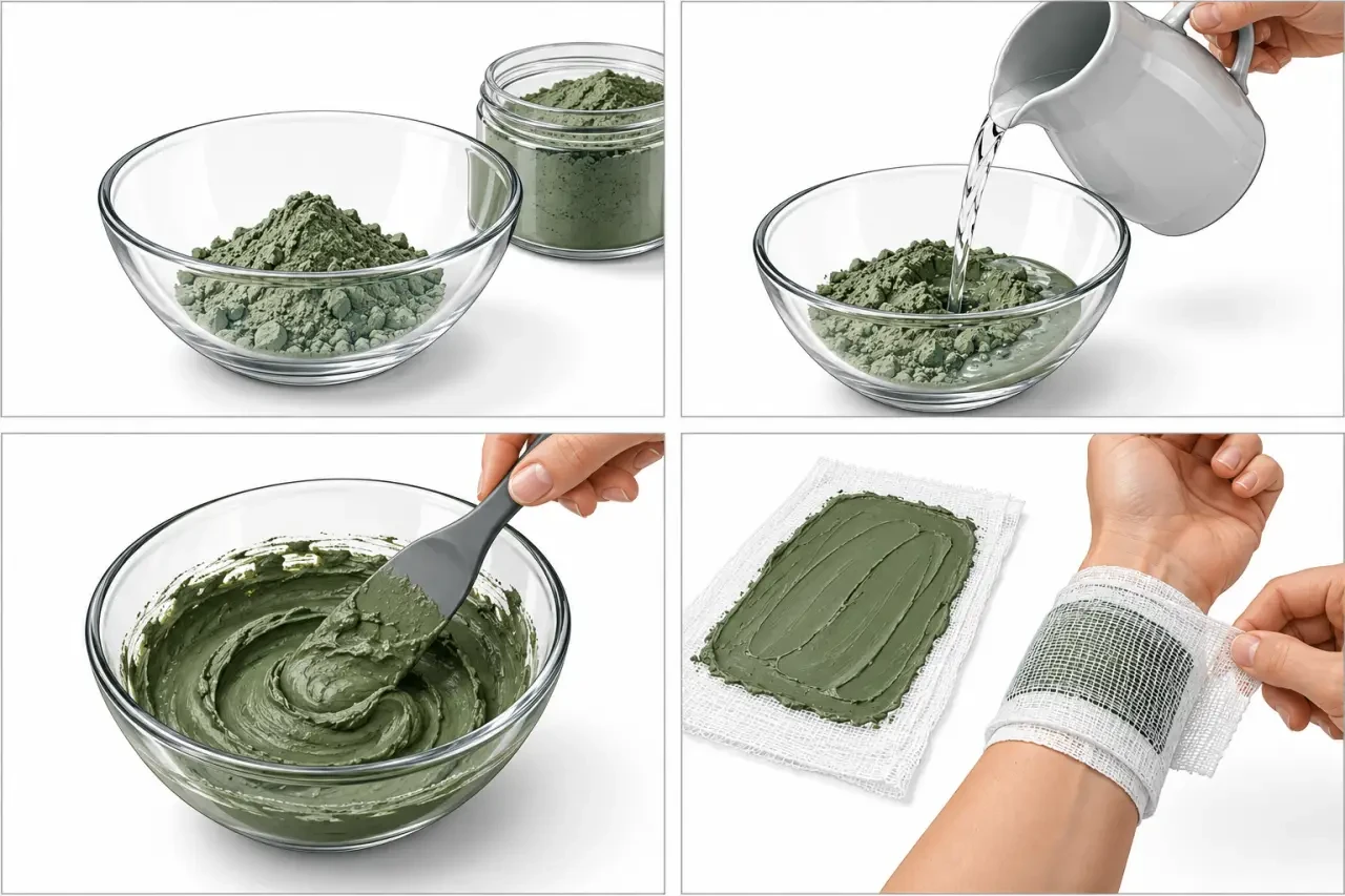 Préparation d’un cataplasme d’argile verte pour tendinite sur une gaze