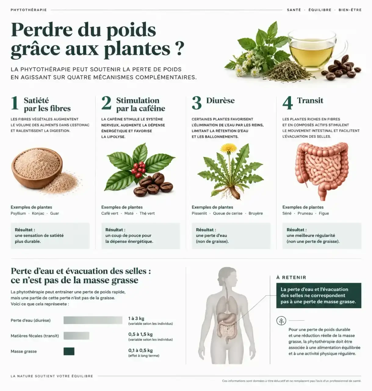 Infographie sur la phytothérapie pour perdre du poids et la différence entre satiété, diurèse, transit et perte de masse grasse