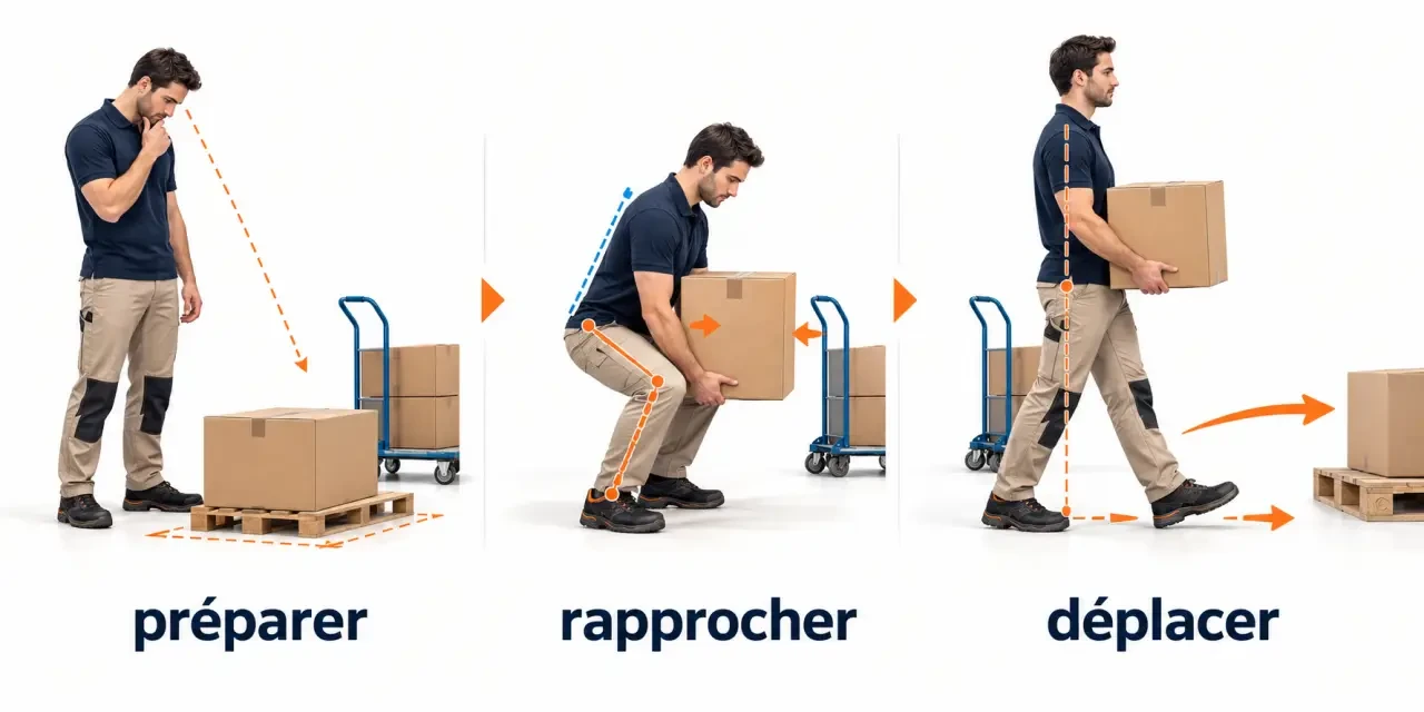 Illustration des gestes et postures pour soulever et déplacer une charge au travail