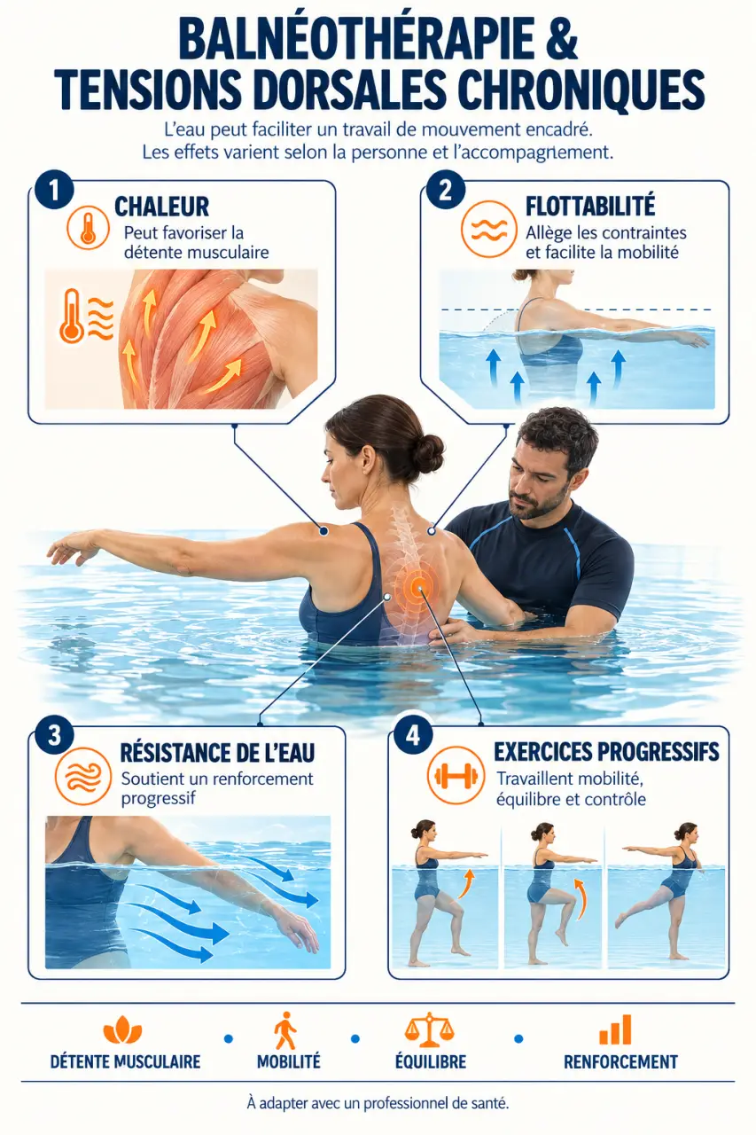 Infographie expliquant comment la balnéothérapie aide à soulager les tensions dorsales chroniques grâce à la chaleur, la flottabilité et la résistance de l’eau