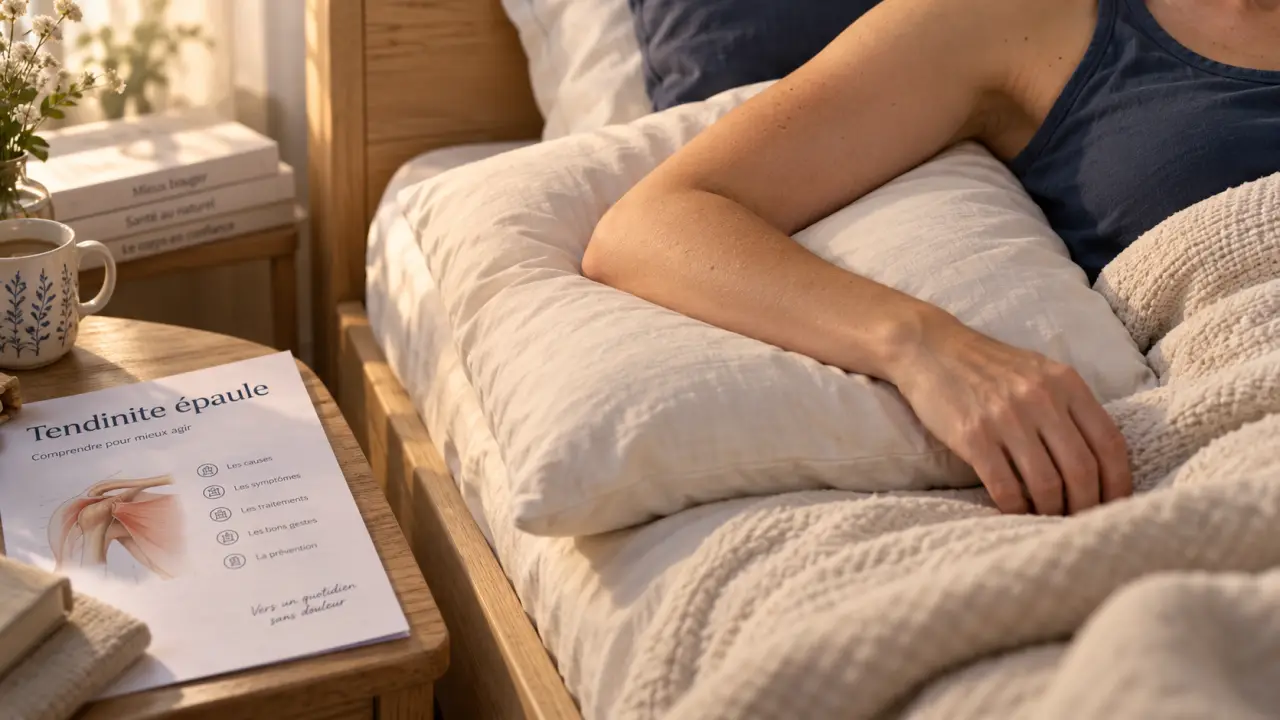 Position pour soulager tendinite épaule : avant-bras soutenu au lit, sans comprimer l’épaule
